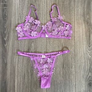Purple Butterfly Embroidered Mesh Lingerie Set